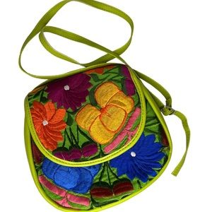 Floral embroidery and lime faux leather shoulder bag